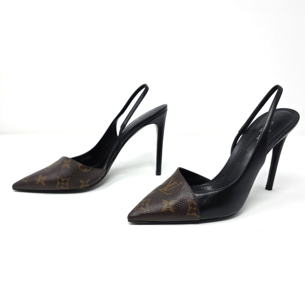 Louis Vuitton Monogram Slingback Pumps Cherie Pointed Toe Leather Heels 37.5 7.5 - Picture 11 of 11